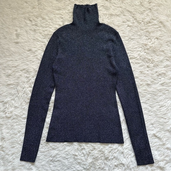 3.1 Phillip Lim Sweater Turtleneck Long Sleeve Ribbed Sparkle Metallic Navy L - Picture 2 of 11
